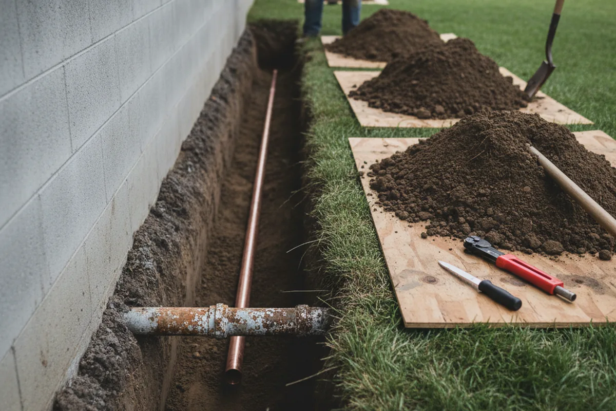 Excavated water line trench during Water Heater Repair in Emmitsburg
